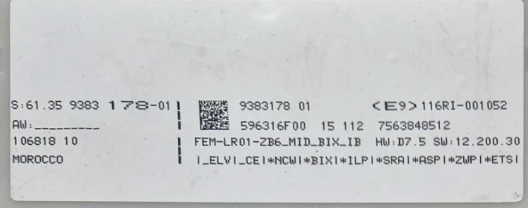 Etiqueta del módulo 61.35-9383178-01 / 9383178, FEM-LR01-ZB6-MID_BIX_IB, 596316F00, 756384851P.