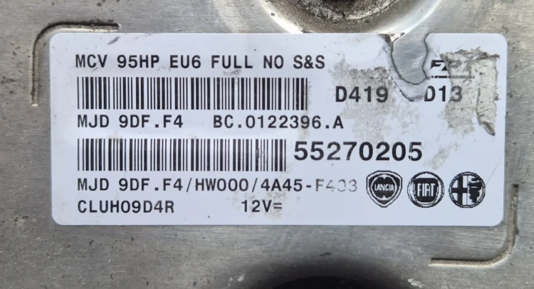Etichetta della centralina 55270205 MJD 9DF.F4 Fiat Tipo Egea 1.3 Multijet 95 KM