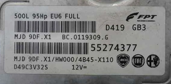 Engine control unit label Fiat 500L 55274377 MJD9DF.X1