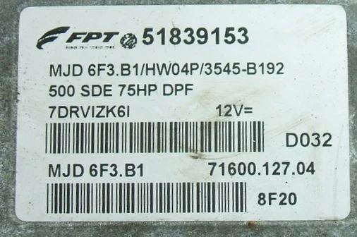 Etiqueta de la centralita del motor Fiat 500 51839153 MJD 6F3.B1