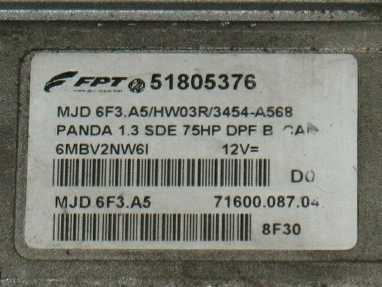 Etichetta della centralina motore Fiat Panda 1.3 51805376 MJD 6F3.A5