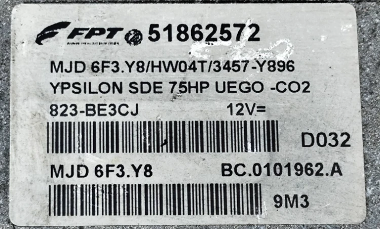 Engine control unit label Lancia Ypsilon 51862572 MJD 6F3.Y8