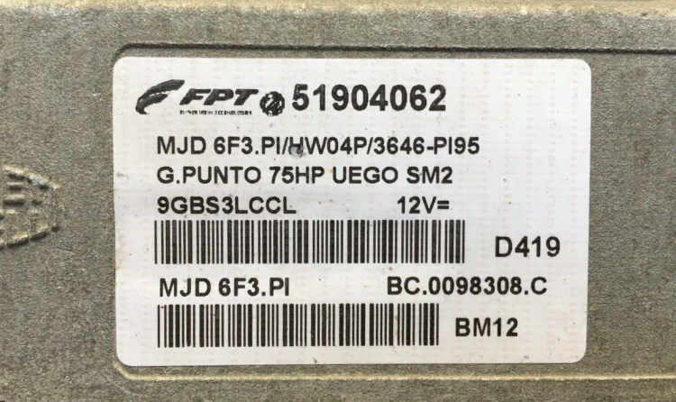 Engine control unit label 51904062 MJD 6F3.PI Fiata Grande Punto 75 HP