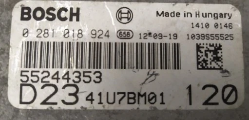 Fiat Ducato engine ECU label – Bosch 0281018924, OEM 55244353, marking 1039S55525
