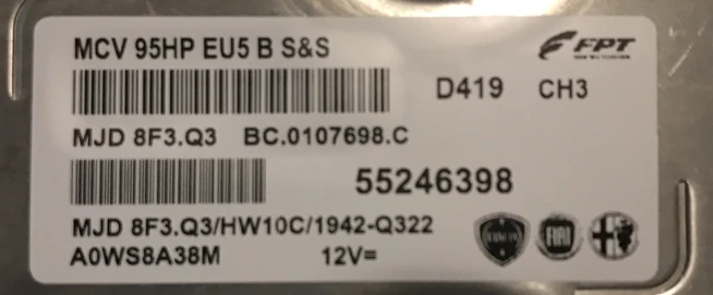 Engine ECU label Fiat Qubo 55246398, MJD 8F3.Q3/HW10C/1942-Q322, BC.0107698.C