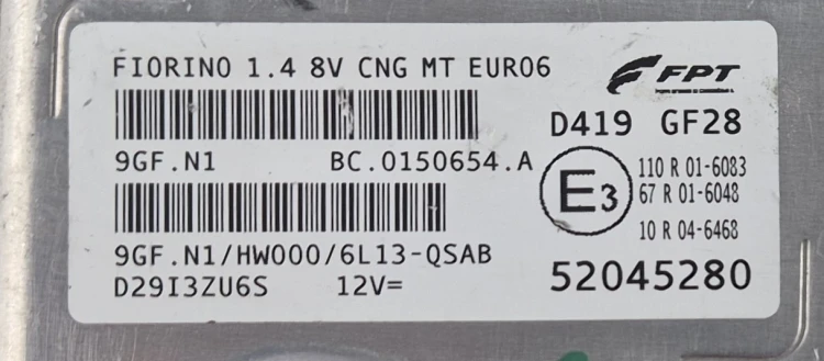 Engine ECU label Fiat Fiorino 52045280, 9GF.N1/HW000/6L13-QSAB, BC.0150654.A