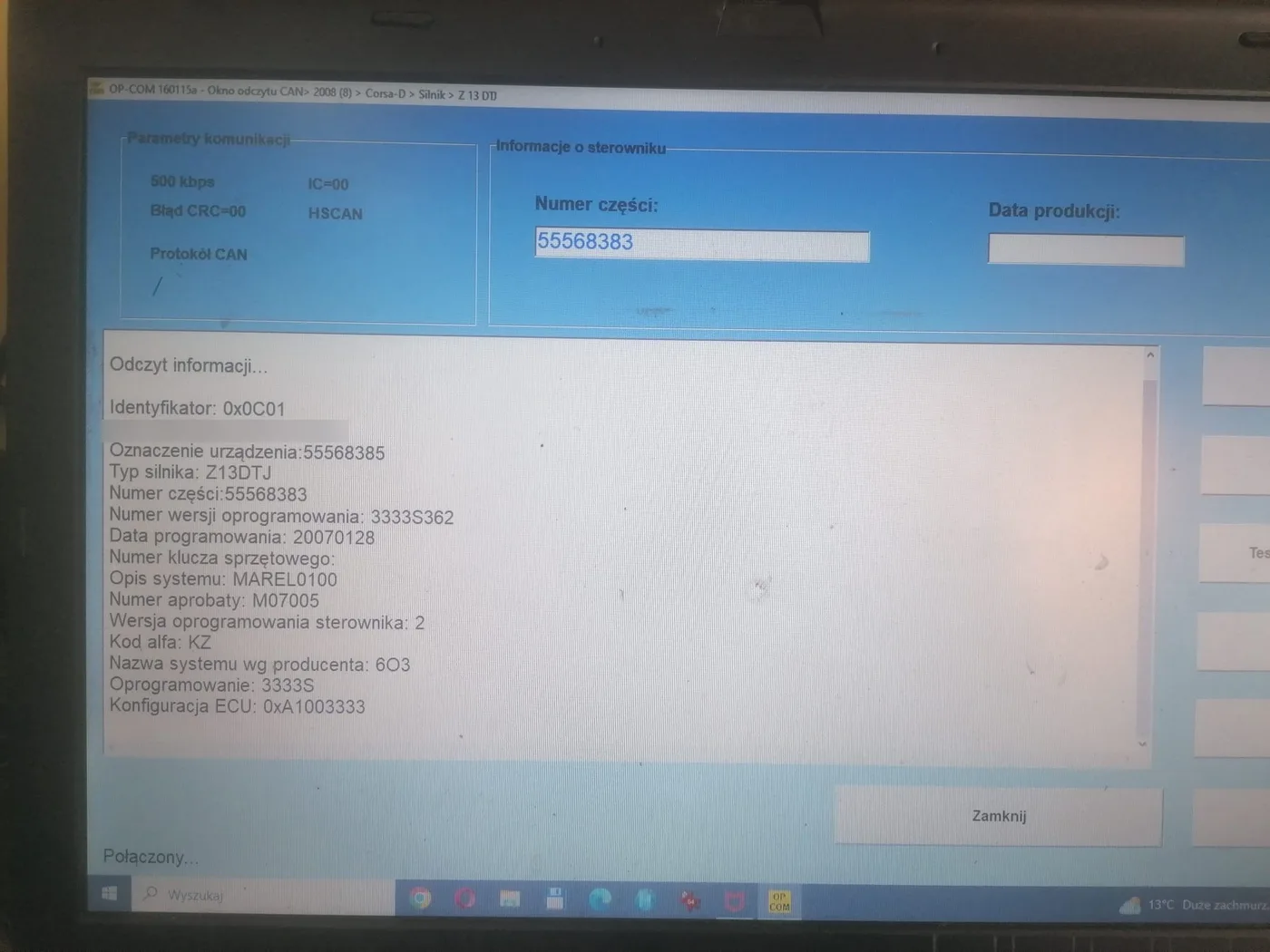 Leitura da centralina Opel Corsa D 1.3 CDTI 55568383 KZ no OP-COM