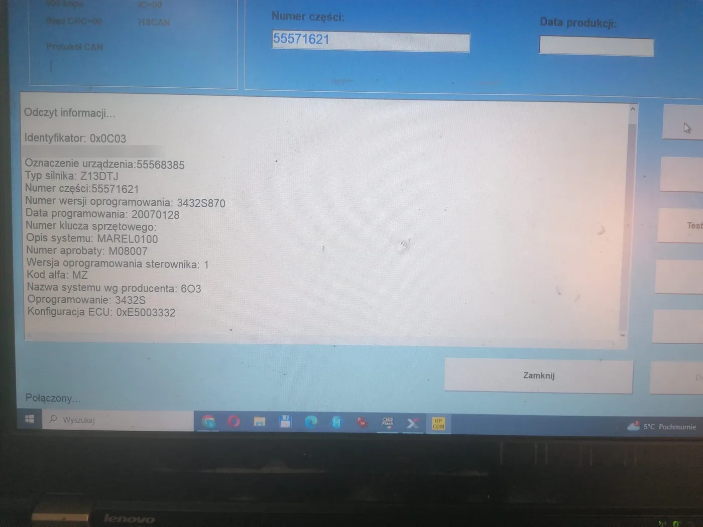 Informações da centralina Opel Corsa D 1.3 CDTI Z13DTJ lidas no OP-COM