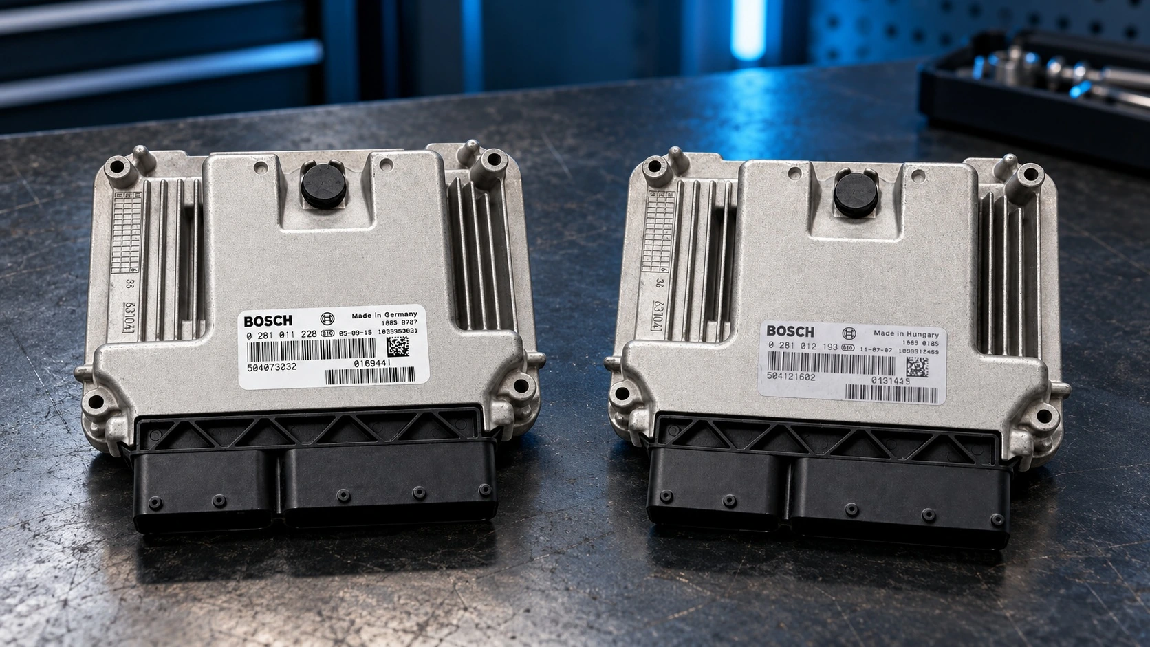 Zwei Bosch-Motorsteuergeräte für Iveco Daily mit den Teilenummern 0281011228 und 0281012193